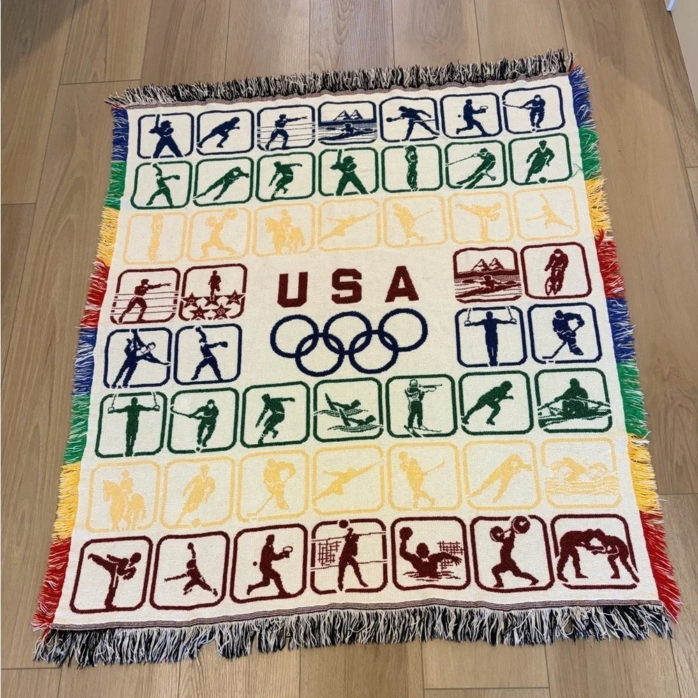 Vintage USA Olympics Knit Woven Multicolor Throw Blanket VERY RARE